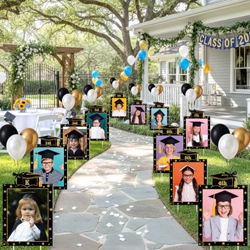LemonSecret 13 Pcs 2026 Graduation Decorations K-12 Graduate Photo Yard Signs with Stakes Black Golden Balloons for Senior High School Class of 2026 Photo Lawn Sign Grad Party Supplies(Star Border) - Image 2