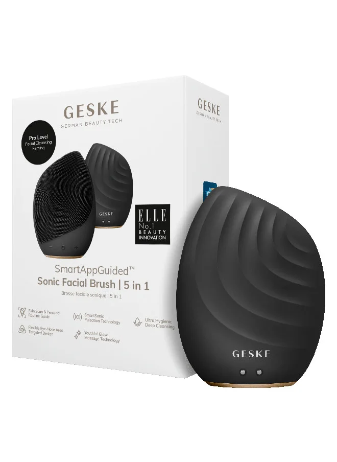 GESKE Smart App Guided Sonic Facial Brush 5 In 1 | Vibrating Electric Facial Cleansing Brush | Soft Silicone Brush | Professional Facial Cleanser | Skin Cleanser & Exfoliator | Face Massager - Grey