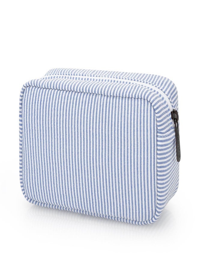 E-Tree Cute Makeup Bag,Zipper Make up Pouch for Purse,Toiletry Skincare Cosmetic Brush Case for Women Man,Personal Items Storage Organizer,Travel Size Essentials Accessories (Blue Stripe) - Image 1