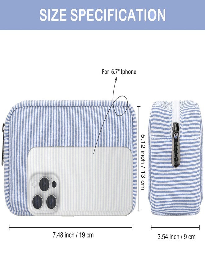 E-Tree Cute Makeup Bag,Zipper Make up Pouch for Purse,Toiletry Skincare Cosmetic Brush Case for Women Man,Personal Items Storage Organizer,Travel Size Essentials Accessories (Blue Stripe) - Image 2
