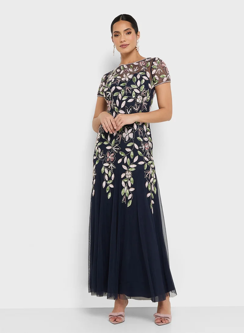 Adrianna Papell Vine Bead Mesh Long Dress