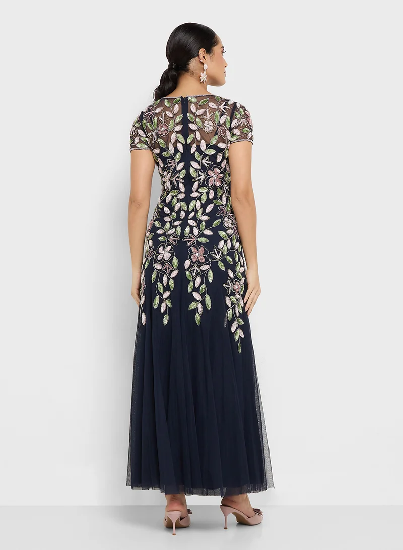 Adrianna Papell Vine Bead Mesh Long Dress