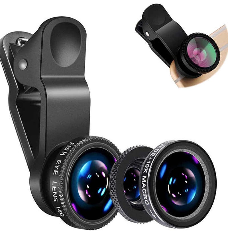 Lowfe Universal HD Camera Lens Kit 180 Degree Fish Eye+0.65X Wide Angle+10X Macro Lens Glass & Aluminum Alloy Shot Clip Attachments Compatible with iPhone iPad Android Smartphone & Tablets - Image 1