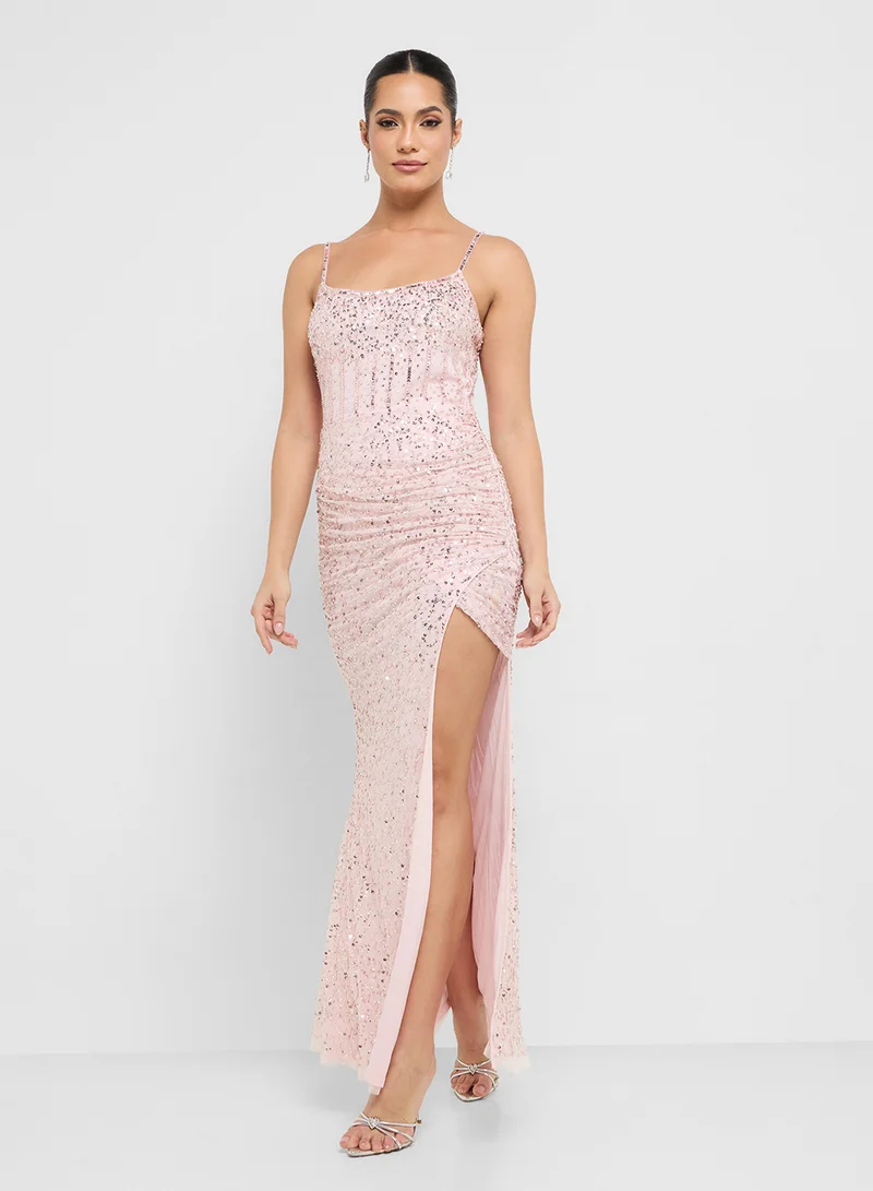نمشي x Corset Bodice Embellished Dress With Slit