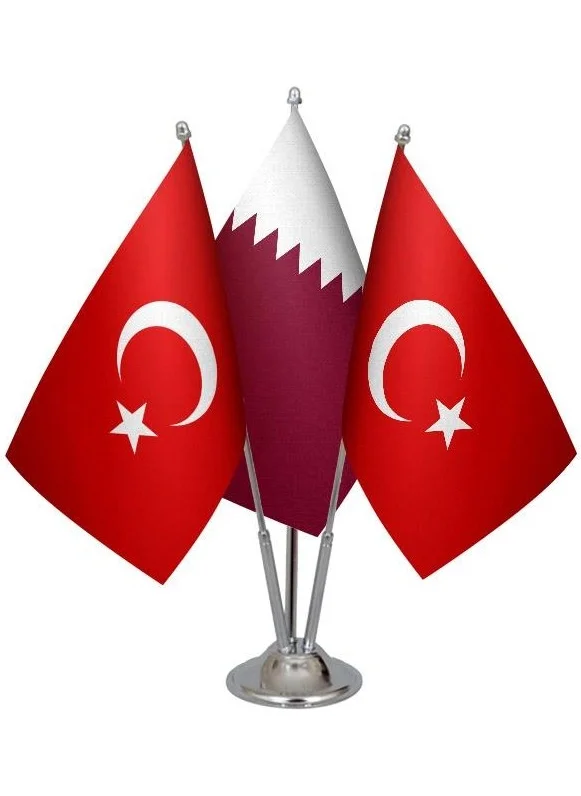ساترنديزاين Desktop Qatar Flag Turkish Flag Triple Chrome Pole Table Flag Set