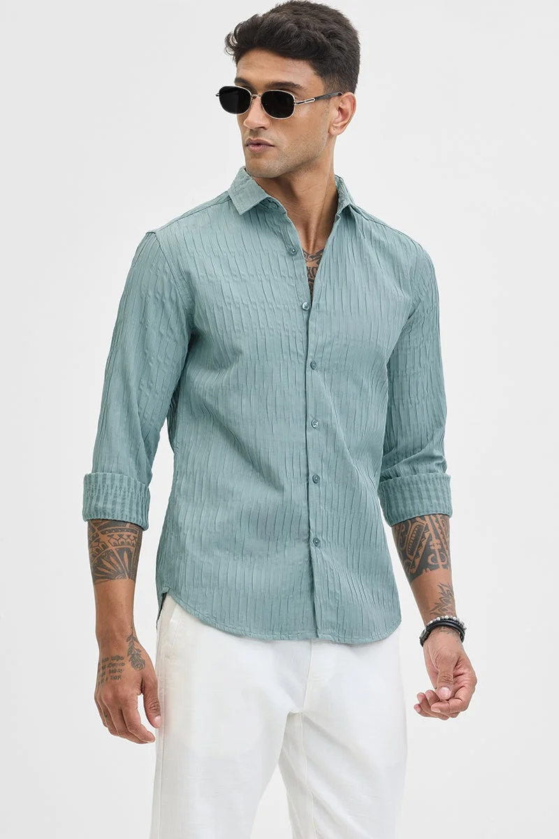 سنيتش Sage Green Textured Long Sleeve Slim Fit Casual Shirt
