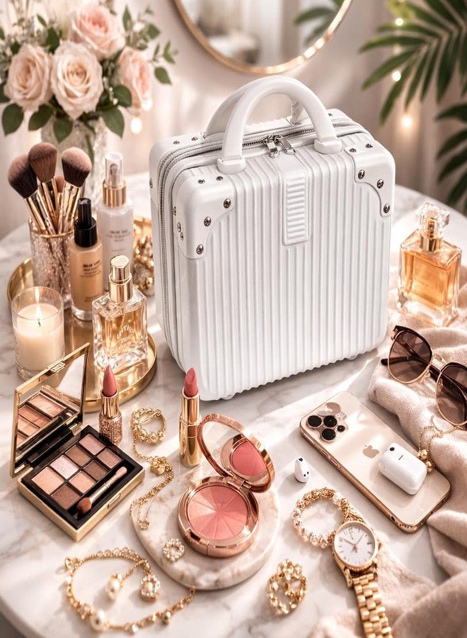 JUREVIA Portable Hard Shell Cosmetic Bag Travel Case, Small Travel Hand Luggage with Elastic Band, Mini Abs Carrying Makeup Case Suitcase (B-White) - Image 3