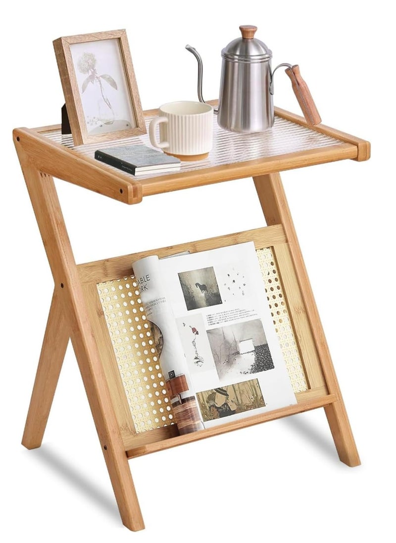 Generic FFD Chic & Functional Z-Shaped Nightstand with Glass Top - Boho Wooden End Table with Storage  - Image 1