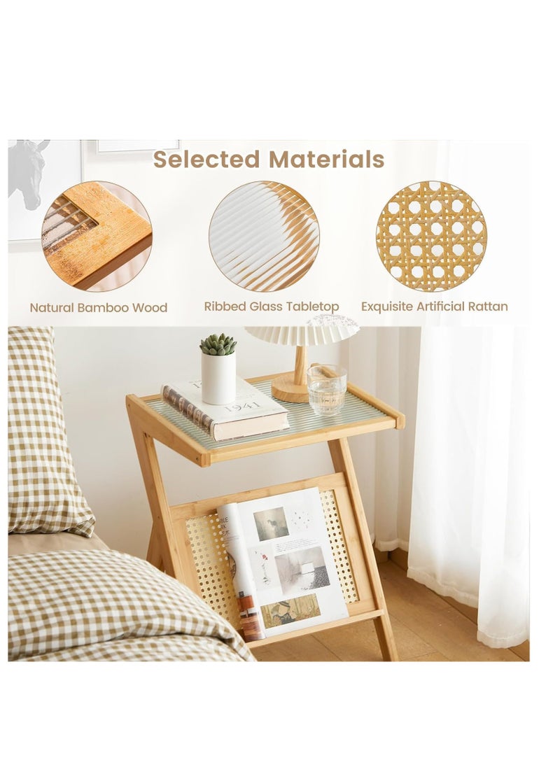 Generic FFD Chic & Functional Z-Shaped Nightstand with Glass Top - Boho Wooden End Table with Storage  - Image 3