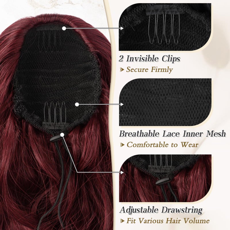 BARSDAR Red Ponytail Extension - 20 Inch Wavy Drawstring Ponytail Hair Extensions for Women - Curly Wavy Synthetic Clip in Fake Pony Tails Hairpieces Daily Party - Burgundy - Image 3