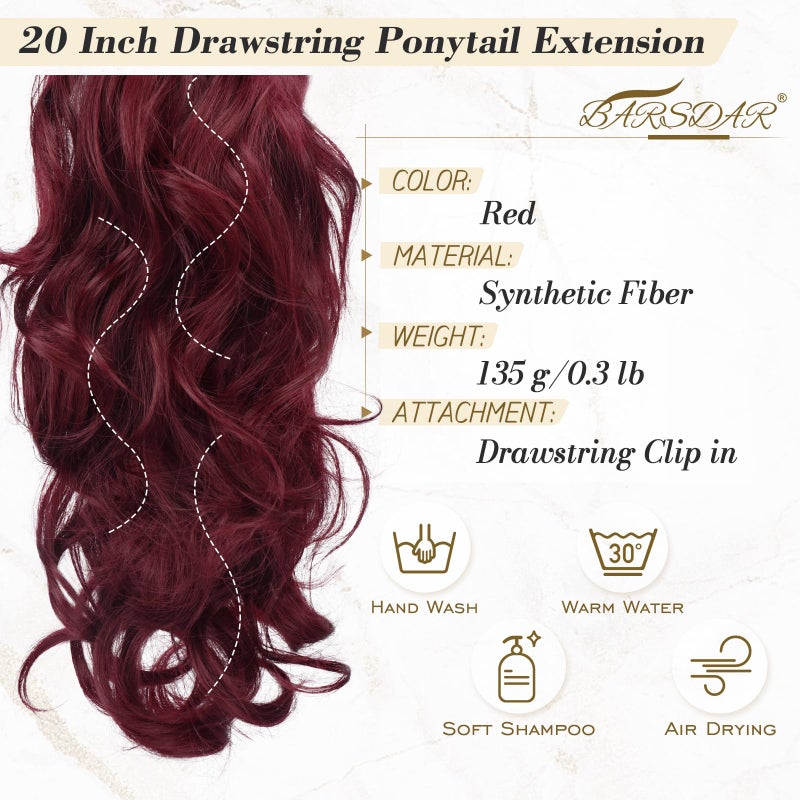 BARSDAR Red Ponytail Extension - 20 Inch Wavy Drawstring Ponytail Hair Extensions for Women - Curly Wavy Synthetic Clip in Fake Pony Tails Hairpieces Daily Party - Burgundy - Image 2