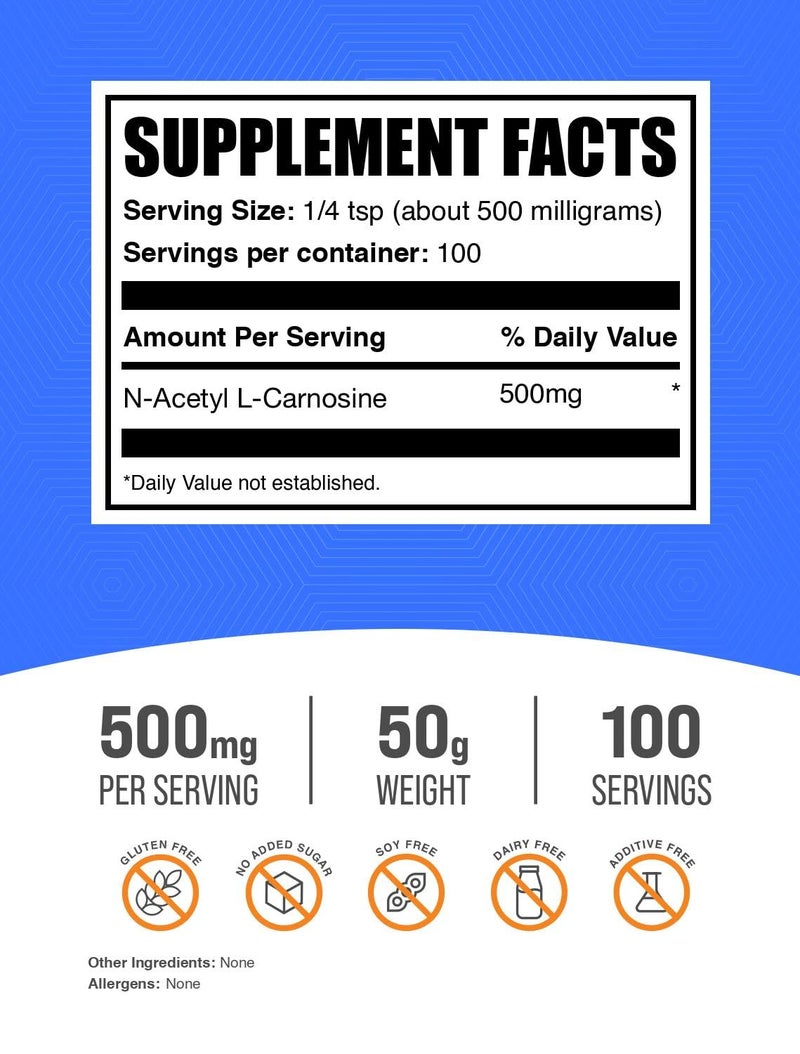 BulkSupplements.com N-Acetyl L-Carnosine Powder - Carnosine Supplement, N-Acetyl Carnosine 500mg - Gluten Free, 500mg per Serving, 50g (1.8 oz) (Pack of 1) - Image 2