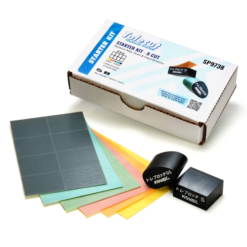 Eagle Abrasives Tolecut Starter Kit - 8-Cut, PSA Sanding Sheets for Nibs, Runs and Imperfections, SP9738, K800 - K3000, 6 Sheets + 2 Toleblocks - Image 1