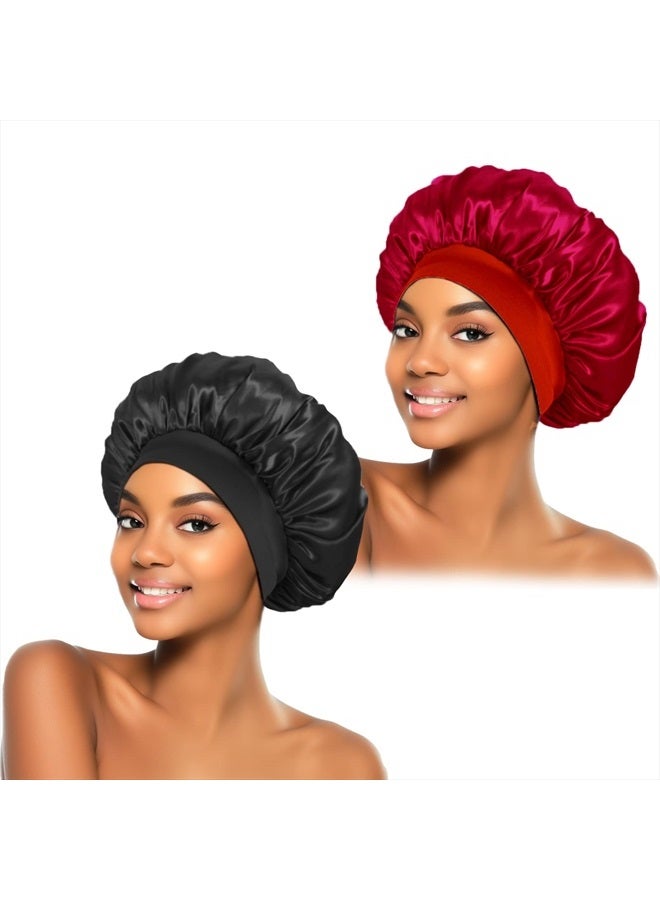 ZHENSILK 2Pcs Silk Bonnet for Sleeping, Satin Hair Bonnets, Soft Elastic Band Silk Sleep Cap, Silk Hair Wrap for Curly Hair (Black Burgundy) - Image 1