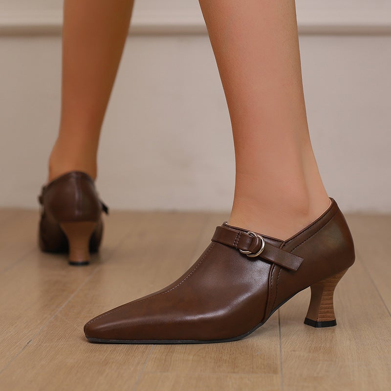 2024 Spring Fashion Pointed 32-50 Super Plus Size Wood Grain Mid-Heel Buckle Women'S Single Shoes - Image 4