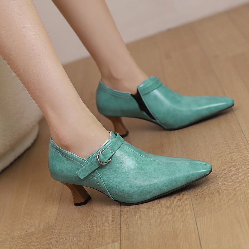 2024 Spring Fashion Pointed 32-50 Super Plus Size Wood Grain Mid-Heel Buckle Women'S Single Shoes - Image 3