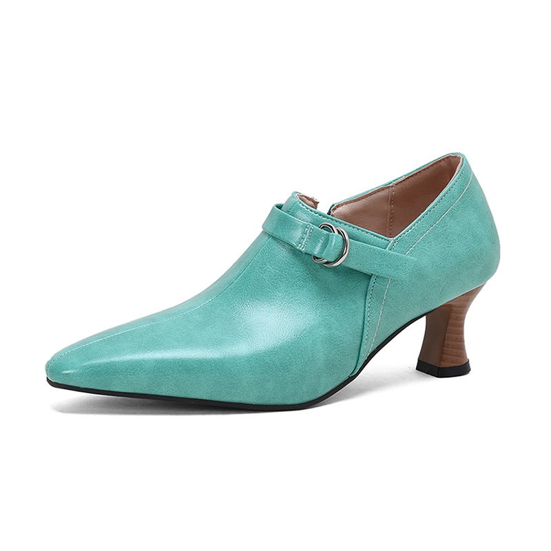 2024 Spring Fashion Pointed 32-50 Super Plus Size Wood Grain Mid-Heel Buckle Women'S Single Shoes - Image 1