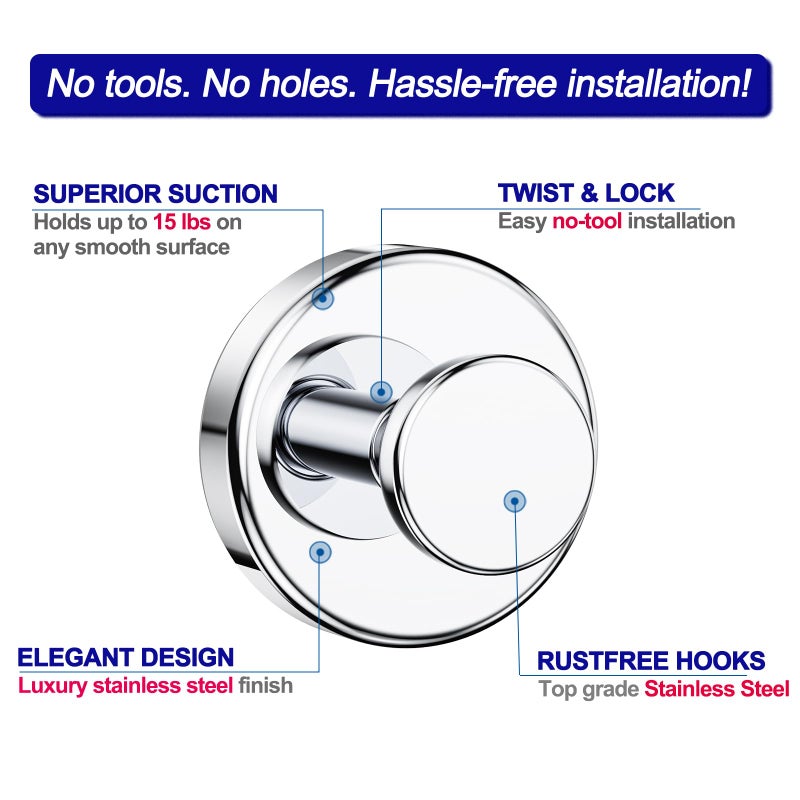 Bntuk Suction Cup Hooks for Shower, Removable Towel Hooks for Bathroom Window Glass Door Wall, Bath Robe Looafh Hook for Hanging - 4 Pack, Chrome - Image 4