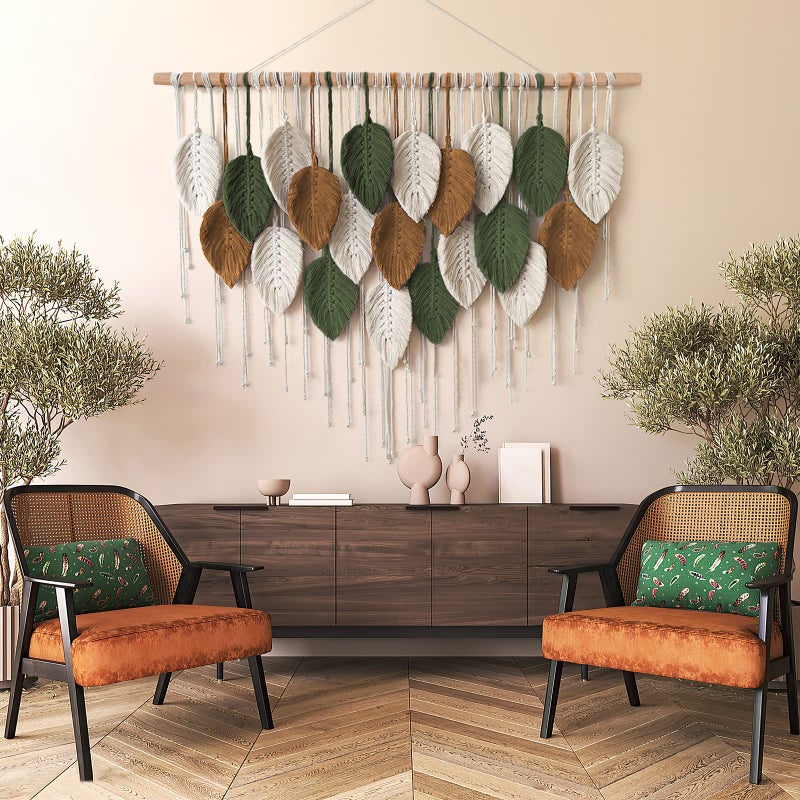 KHOYIME Large Macrame Wall Hanging Boho Woven Tapestry, Chic Home Decor Modern Bohemian Handmade Leaf Feather Wall Art Decorations for Apartment Dorm Living Room Bedroom Nursery Backdrop 39"W X 29.5"L - Image 3