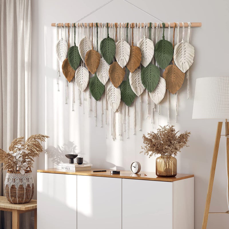 KHOYIME Large Macrame Wall Hanging Boho Woven Tapestry, Chic Home Decor Modern Bohemian Handmade Leaf Feather Wall Art Decorations for Apartment Dorm Living Room Bedroom Nursery Backdrop 39"W X 29.5"L - Image 5