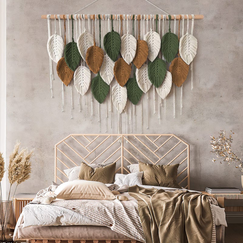 KHOYIME Large Macrame Wall Hanging Boho Woven Tapestry, Chic Home Decor Modern Bohemian Handmade Leaf Feather Wall Art Decorations for Apartment Dorm Living Room Bedroom Nursery Backdrop 39"W X 29.5"L - Image 4