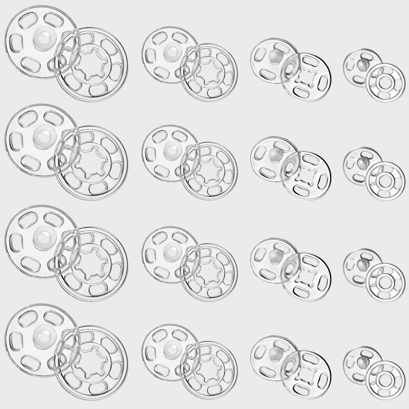 Chuangdi 100 Pairs Press Studs Snap Fasteners Sew on Snap Buttons Clear Plastic Poppers Fasteners for Clothes Purse Handbag Craft DIY Craft Supplies 4 Assorted Sizes 7121521 mm