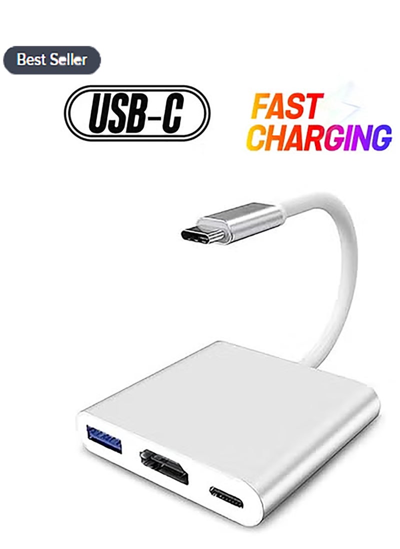 Generic USB Type-C to HDMI 3-in-1 adapter, 4K video converter with 3.0 and Type-C charging ports, USB-C Digital AV multi-port adapter for Mac devices (silver)  - Image 1