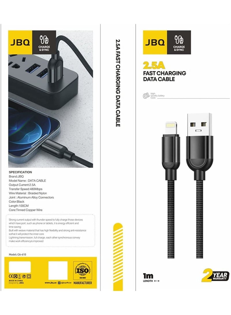 JBQ Type-C Data Cable With Braided Nylon 2.5A Fast Charge and Sync Transfer Speed of 480Mbps, 100cm, Black CA-610 - Image 1