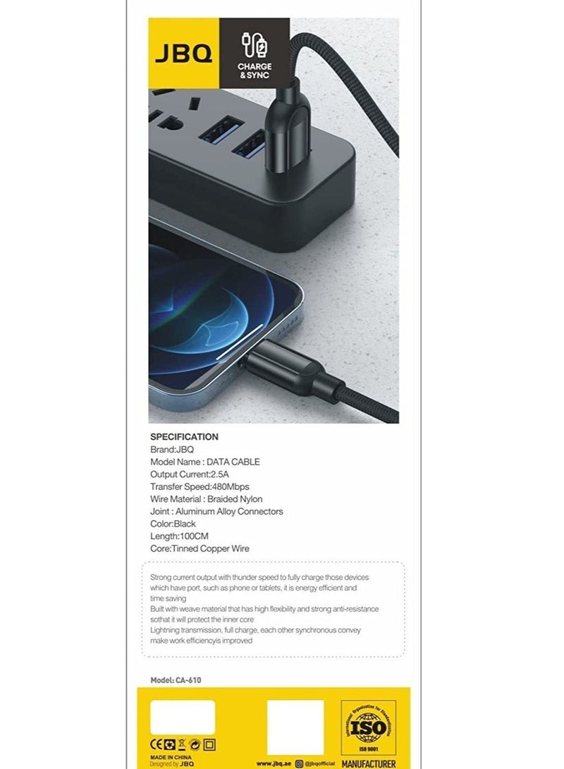 JBQ Type-C Data Cable With Braided Nylon 2.5A Fast Charge and Sync Transfer Speed of 480Mbps, 100cm, Black CA-610 - Image 2