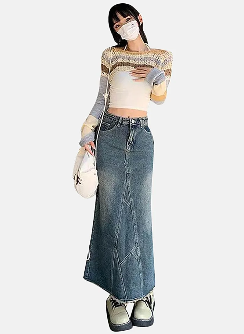 يونيكي Blue Denim Solid Maxi Skirt