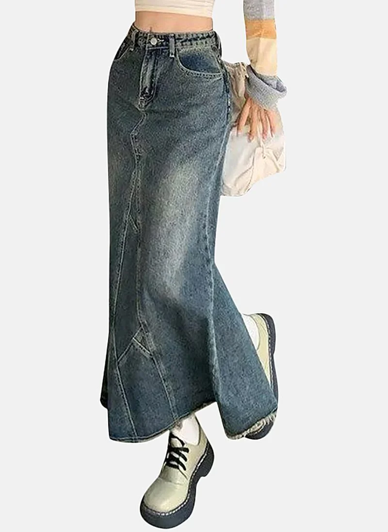 يونيكي Blue Denim Solid Maxi Skirt