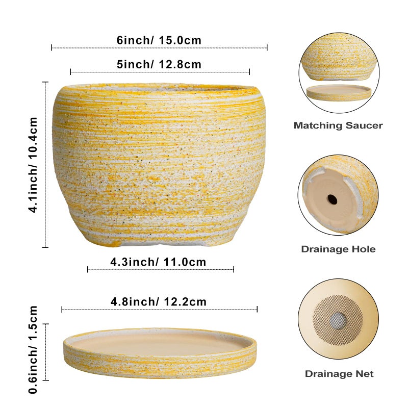 SQOWL Ceramic Planter - 6 Inch Plant Pot Indoor with Drainage Hole and Saucer, Decorative Ceramic Flower Pot Outdoor, Round Succulent Planters, Home Office Bedroom Decor, Birthday Gifts, Yellow - Image 3