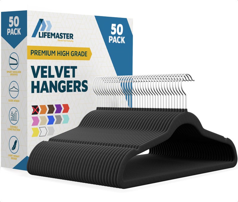 Lifemaster Velvet Non-Slip Plastic Hanger Set - 50 Pieces Non-Slip Clothes Hanger Set with 360Â° Swivel Hook, Space-Saving, Sleek Design, Smooth Velvet Finish, Lightweight Construction - Black - Image 1