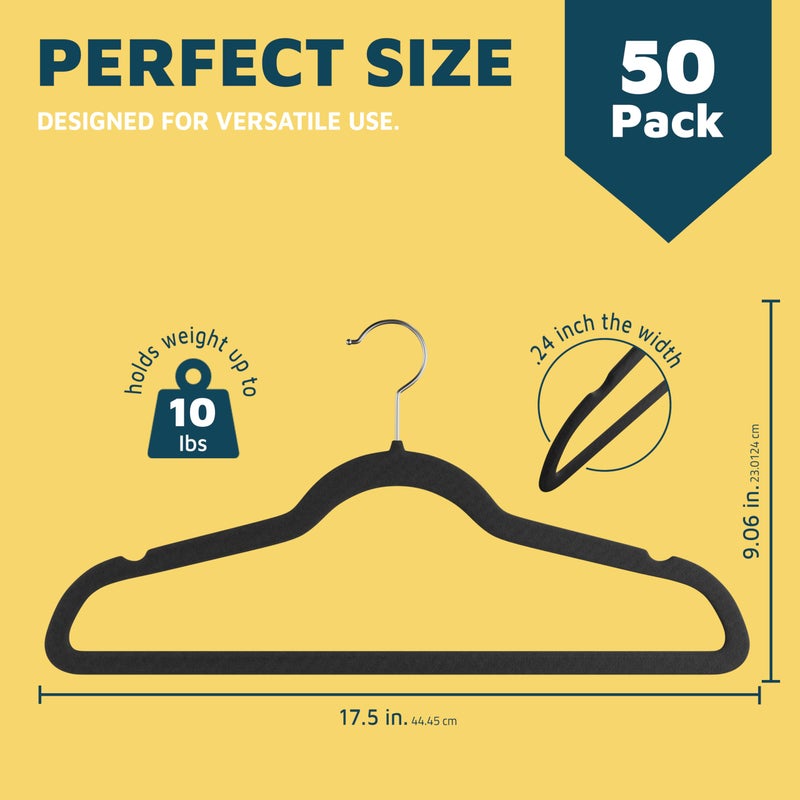 Lifemaster Velvet Non-Slip Plastic Hanger Set - 50 Pieces Non-Slip Clothes Hanger Set with 360Â° Swivel Hook, Space-Saving, Sleek Design, Smooth Velvet Finish, Lightweight Construction - Black - Image 2