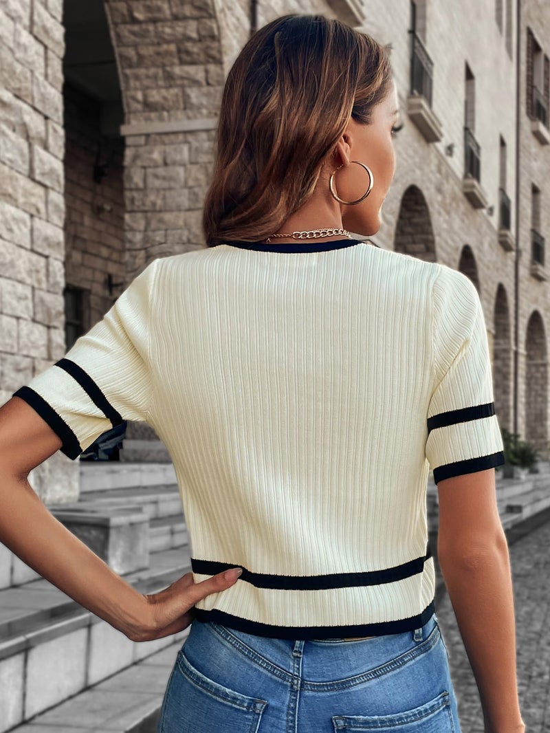 Verdusa Women's Cropped Sweater Old Money Clothes Short Sleeve Lightweight Sweater Fall Trendy Knit Top Apricot Small - Image 2