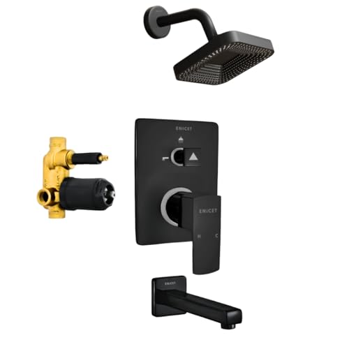 ENICET Brass High Flow Diverter Set With Spout and Overhead Shower, Matte Black, Single Lever Diverter Set For Bathroom, Shower Set, Shower System (TE134SP6BLACK) - Image 1