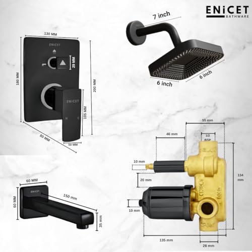 ENICET Brass High Flow Diverter Set With Spout and Overhead Shower, Matte Black, Single Lever Diverter Set For Bathroom, Shower Set, Shower System (TE134SP6BLACK) - Image 4