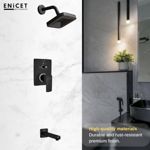 ENICET Brass High Flow Diverter Set With Spout and Overhead Shower, Matte Black, Single Lever Diverter Set For Bathroom, Shower Set, Shower System (TE134SP6BLACK) - Image 5