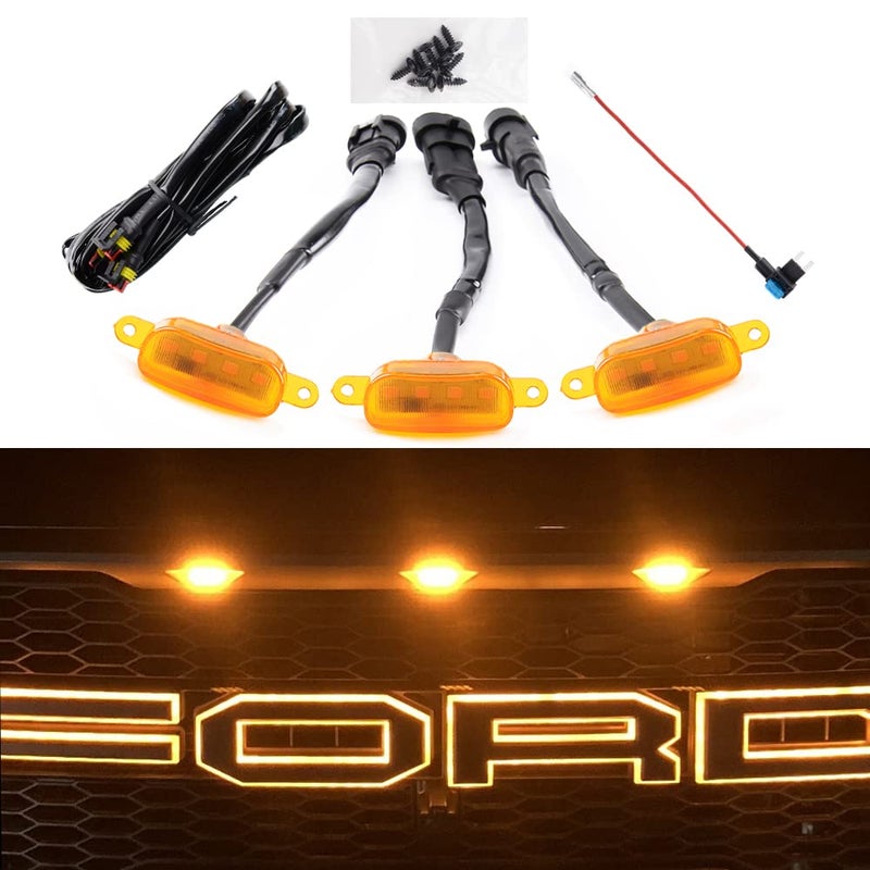 AUXLIGHT Car Accessories 3PCS LED Grille Lights with Fuse Wire Compatible with 20042019 ford F150 Raptor Style Aftermarket Grill 20132018 Ram 1500 Raptor Style Aftermarket Grill Amber - Image 2