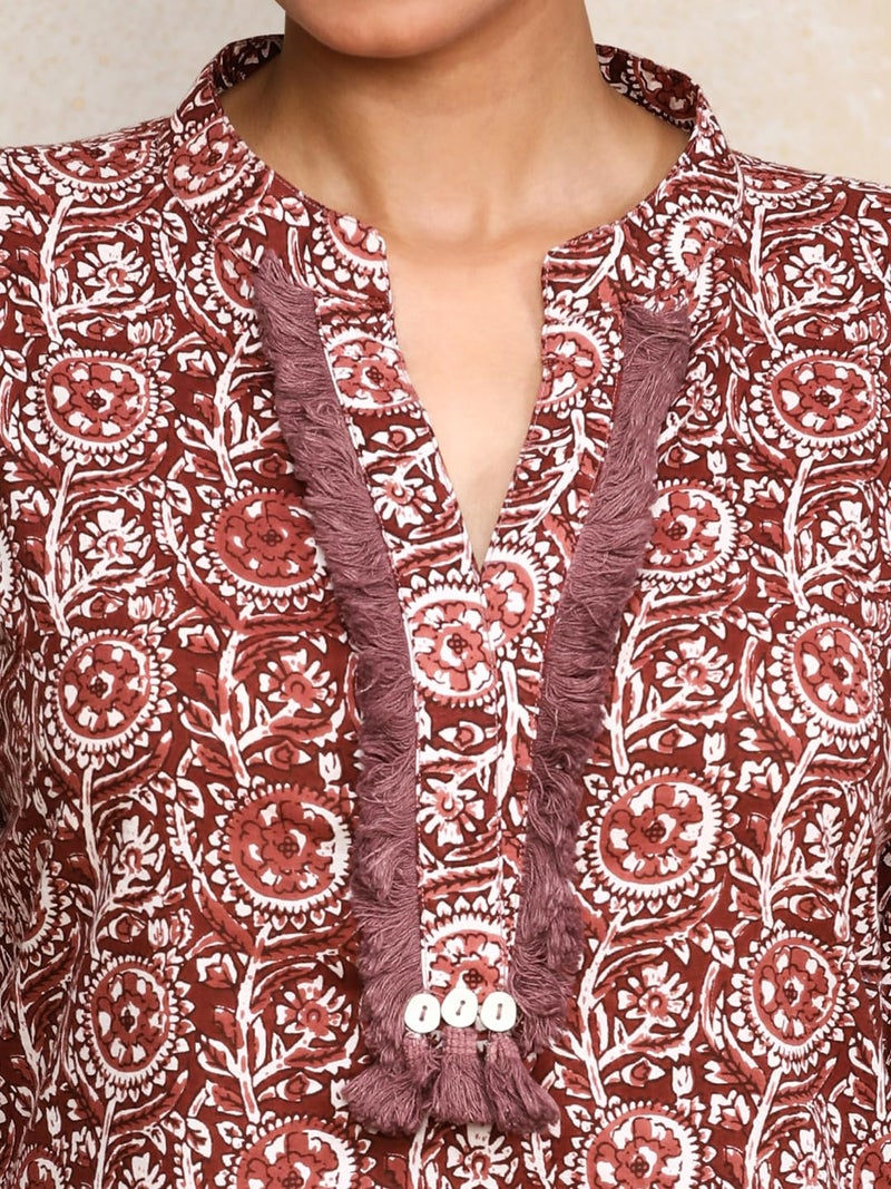 Varanga Women Ethnic Floral Printed Straight Kurta Brown - Image 5