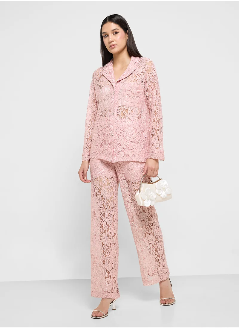 جينجر Lace Shirt & Pant Coord Set