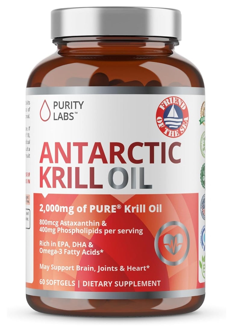 Purity Labs Antarctic Krill Oil 2000mg Omega-3 with Astaxanthin 800mcg Supplements to Support Memory, Heart, Brain Health 60 Softgels  - Image 1