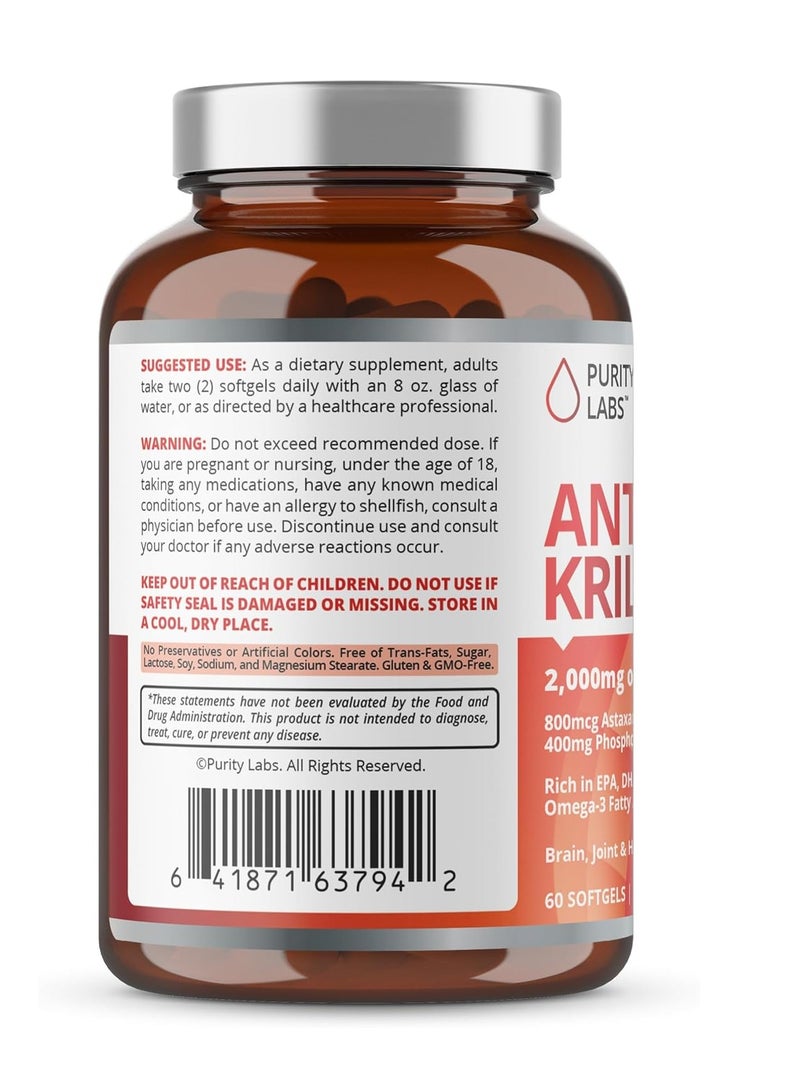 Purity Labs Antarctic Krill Oil 2000mg Omega-3 with Astaxanthin 800mcg Supplements to Support Memory, Heart, Brain Health 60 Softgels  - Image 2