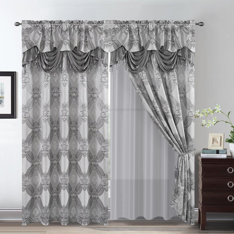 Petrichor Elegant Curtains with Gold Silver Threads 2 Panels Set - Luxury Window Treatment Attached Valance, Sheer Backing, and 2 Tie Backs for Bedroom and Living Room, 54x84 inches, Silver - Image 1