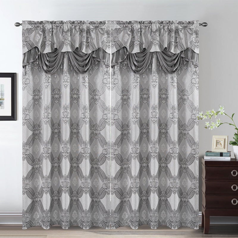 Petrichor Elegant Curtains with Gold Silver Threads 2 Panels Set - Luxury Window Treatment Attached Valance, Sheer Backing, and 2 Tie Backs for Bedroom and Living Room, 54x84 inches, Silver - Image 2