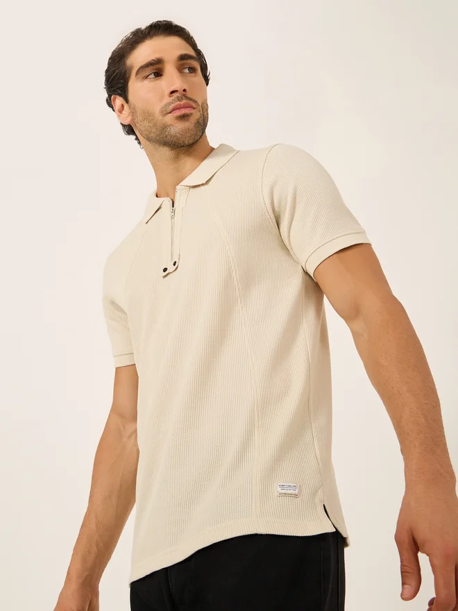فورت كولينز Fort Collins Men Beige Rib Knit Half-Zip Polo T-Shirt