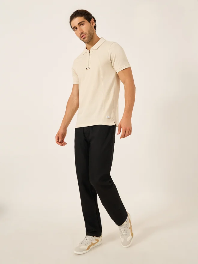 فورت كولينز Fort Collins Men Beige Rib Knit Half-Zip Polo T-Shirt