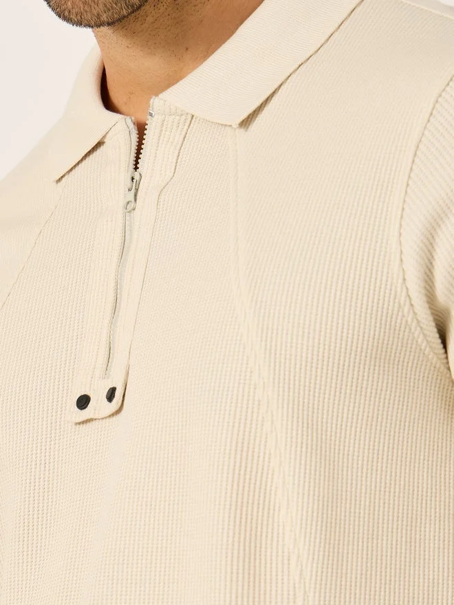 Fort Collins Fort Collins Men Beige Rib Knit Half-Zip Polo T-Shirt