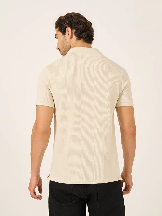Fort Collins Fort Collins Men Beige Rib Knit Half-Zip Polo T-Shirt