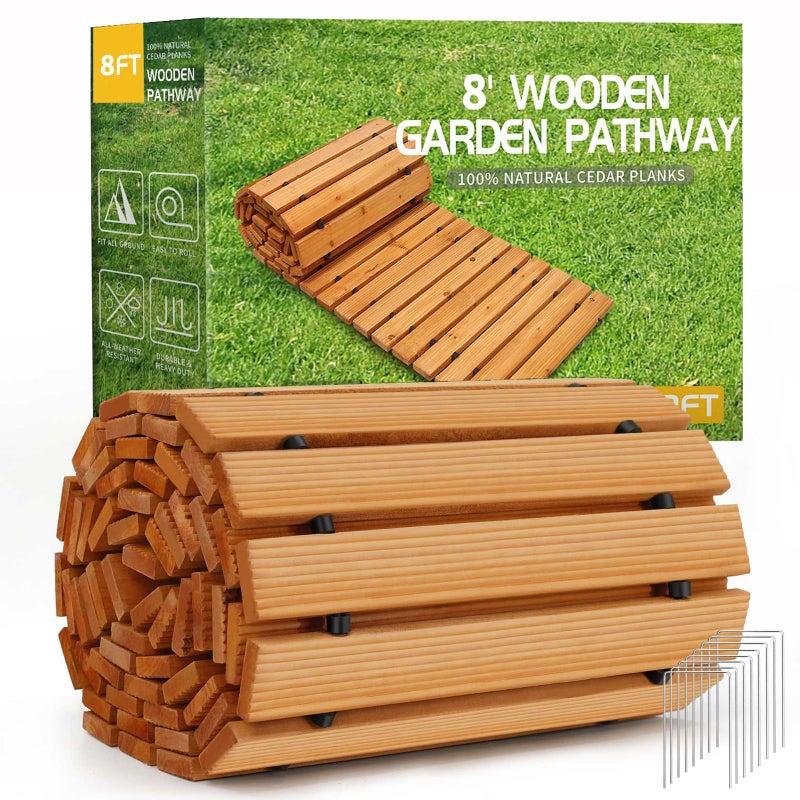 RELIANCER 8 Wooden Garden PathwayOutdoor Roll Out Cedar Straight WalkwayPatio Path Decorative Garden Boardwalk WalkwaysWeatherResistant Roll Up Beach Wood Road FloorWedding Party Pathways